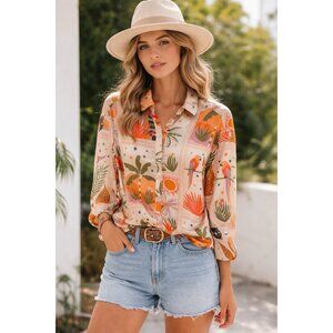 House of Harlow 1960 Blouse Top Size Small Tropical Boho Palm Parrot Relax Fit